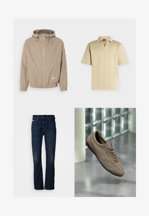 Lys beige hættejakke lavet af glat stof med frontlynlås, elastisk kant og grøn logoaccent på nederste højre side.; Beige polo med korte ærmer, V-hals, blød krave, subtile lodrette syninger og en rød indvendig etiket med mærket "HUGO".; Mørkeblå denim jeans med lige ben-design, der har subtil falming, en knaplukning og traditionel fem-lomme styling.; Lysebrun snøresko med sort sål, placeret i luften over en grå gulv og glas murstensvæg som baggrund.