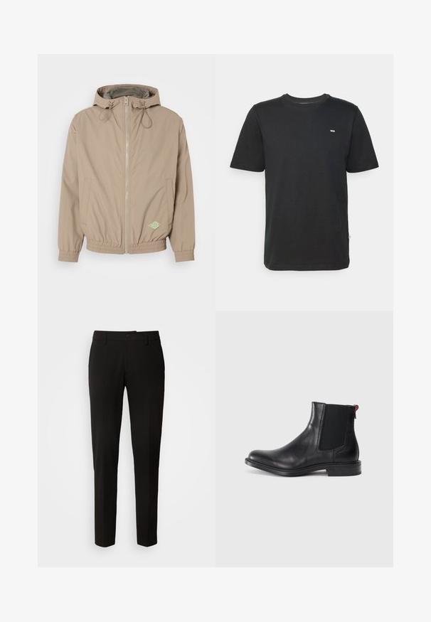 Lichtbeige beweegbare jas met capuchon, gemaakt van gladde stof, met een rits aan de voorkant, een elastische onderrand en een groen logoaccent aan de rechteronderzijde.; Zwarte katoenen T-shirt met een ronde halslijn en korte mouwen. Heeft een klein wit logo op de borst en een rechte zoom aan de onderkant.; Zwarte broek met een rechte pijpontwerp, voorzien van een knoopsluiting, riemlussen en een gladde stoftextuur. Geen zichtbare patronen of accenten.; Zwarte leren Chelsea-boot met elastische zijpanelen, ronde neus en een lage gestapelde hak. Heeft een rode lusstab en subtiele branding aan de zijkant.