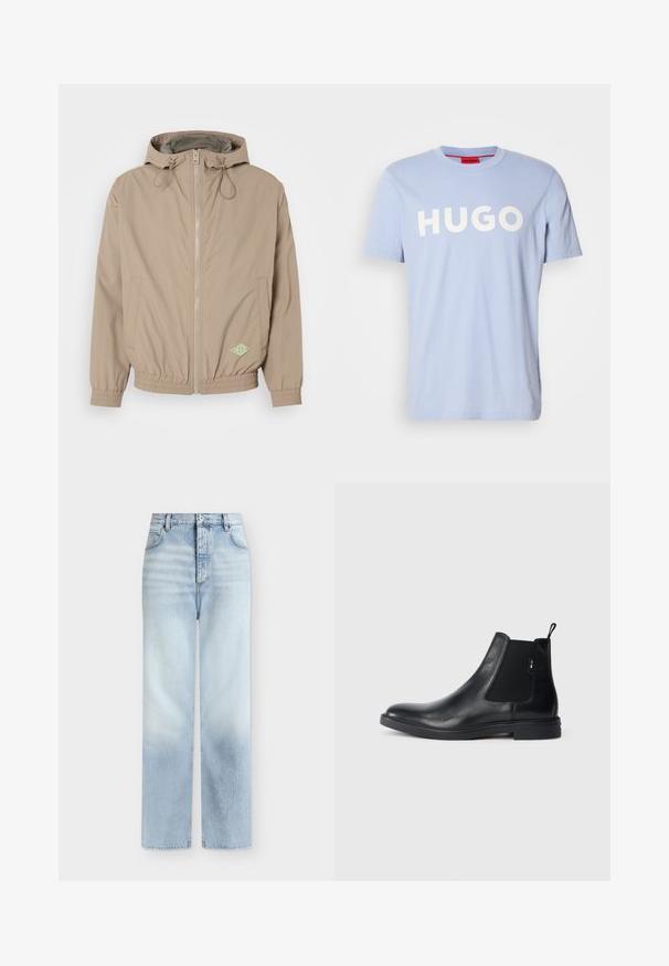Helle beige Kapuzenjacke aus glattem Stoff mit einem Frontreißverschluss, elastischem Saum und grünem Logo-Akzent auf der unteren rechten Seite.; Hellblaues Baumwoll-T-Shirt mit Rundhalsausschnitt und kurzen Ärmeln. Große weiße Schrift "HUGO" auf der Vorderseite. Glatte Textur.; Hellblaue, hoch taillierte Jeans mit geradem Bein, Fronttaschen, Gürtelschlaufen und einem Knopfverschluss.; Schwarze Leder Chelsea-Boots mit elastischen seitlichen Einsätzen, einer Zugschlaufe und einer flachen Gummisohle. Glatte Textur mit minimaler Ausgestaltung.