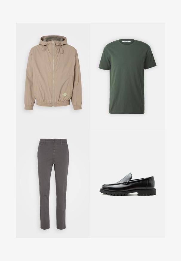 Lichtbeige beweegbare jas met capuchon, gemaakt van gladde stof, met een rits aan de voorkant, een elastische onderrand en een groen logoaccent aan de rechteronderzijde.; Donker groene katoenen t-shirt, korte mouwen, ronde hals, relaxte pasvorm, eenvoudige stijl en een gladde textuur zonder zichtbare patronen of accenten.; Grijze chino's met een slim fit, gemaakt van ademend katoen. Voorzien van een knoopsluiting en zijzakken, met een gladde, matte afwerking.; Zwarte leren loafer met dikke rubberen zool, gestikte bovenkant en gegraveerde merknaam op de hiel, zijaanzicht op witte achtergrond.