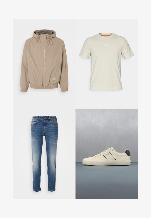 Lichtbeige beweegbare jas met capuchon, gemaakt van gladde stof, met een rits aan de voorkant, een elastische onderrand en een groen logoaccent aan de rechteronderzijde.; Beige katoenen t-shirt met korte mouwen, ronde halslijn en witte "BOSS" logo op de borst. Gladde textuur, casual pasvorm.; Blauwe denim jeans met een recht model, lichte vervaging, klassieke vijf-pocketstijl en een ritssluiting met knoopsluiting.; Crème-kleurige sneakers met een gladde textuur, voorzien van zwarte accenten en branding. Tijdloos vetersysteem met een ronde neus en rubberen zool.