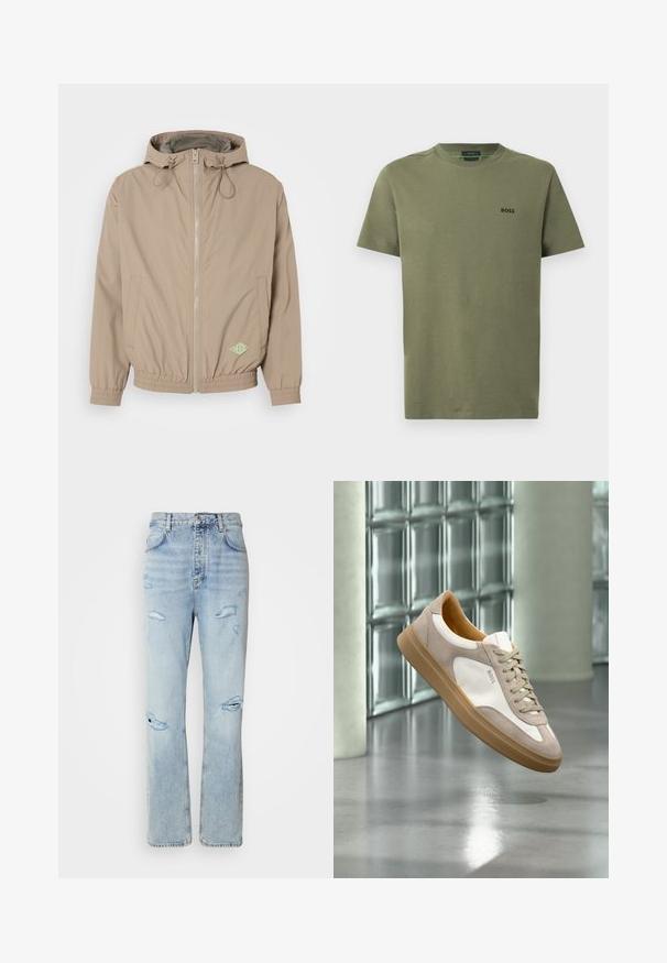 Chaqueta con capucha de color beige claro, fabricada en tejido suave, con cremallera frontal, dobladillo elástico y acento de logo verde en la parte inferior derecha.; Camiseta de algodón verde oliva con mangas cortas, cuello redondo y pequeño logo negro "BOSS" en el pecho izquierdo. Textura suave, diseño sencillo.; Jeans de mezclilla de lavado claro con un corte relajado, que presentan áreas desgastadas y bordes deshilachados. La tela tiene una textura suave y lisa.; Zapatilla beige y blanca con suela marrón claro y logo "BOSS", suspendida sobre un suelo liso y reflectante con pared de bloques de vidrio al fondo.