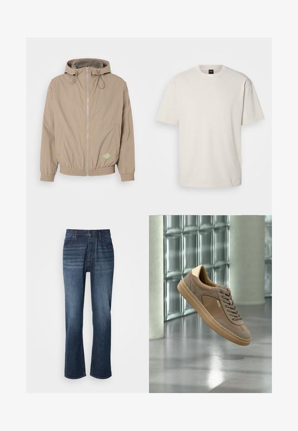 Chaqueta con capucha de color beige claro, fabricada en tejido suave, con cremallera frontal, dobladillo elástico y acento de logo verde en la parte inferior derecha.; Camiseta de manga corta y cuello redondo en algodón color blanco roto, con un corte recto y un logo minimalista en el cuello. Textura suave, sin patrones.; Jeans de denim con un diseño de pierna recta, lavado medio, estilo de cinco bolsillos y cierre de botón. La tela tiene una textura suave con un leve desteñido.; Zapatilla deportiva beige casual con cordones y logo "BOSS" flotando sobre un suelo de hormigón pulido con fondo de pared de bloques de vidrio.