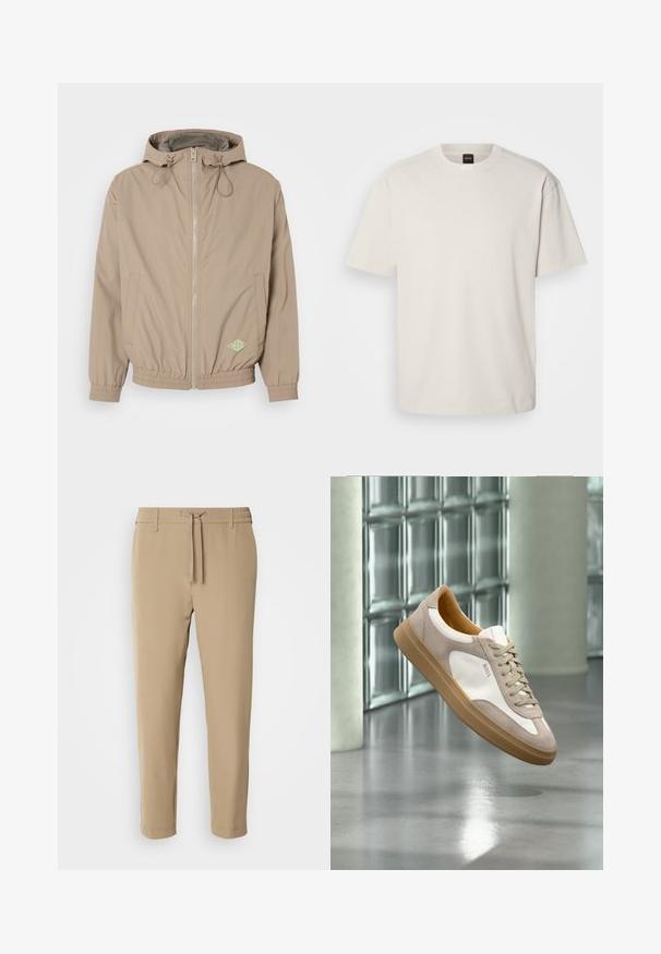 Helle beige Kapuzenjacke aus glattem Stoff mit einem Frontreißverschluss, elastischem Saum und grünem Logo-Akzent auf der unteren rechten Seite.; Kurzärmliges T-Shirt mit Rundhalsausschnitt aus Baumwolle in Off-White, mit geradem Schnitt und minimalem Branding am Kragen. Weiche Textur, keine Muster.; Beige, taillierte Hose mit elastischem Bund und Kordelzug. Glattes Material mit einem schlichten Design ohne sichtbare Muster oder Hardware.; Beiger und weißer Sneaker mit brauner Sohle und „BOSS“-Logo, schwebend über einem reflektierenden glatten Boden mit Wand aus Glasbausteinen im Hintergrund.