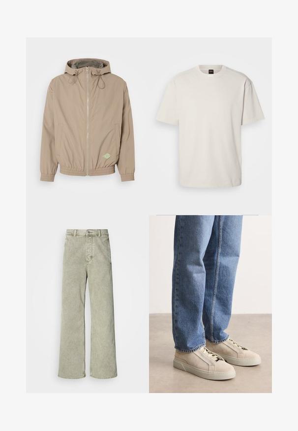 Lys beige hættejakke lavet af glat stof med frontlynlås, elastisk kant og grøn logoaccent på nederste højre side.; Kortærmet, crew-neck t-shirt i off-white bomuld med lige snit og minimal branding på kraven. Blød tekstur, uden mønstre.; Lys grøn brede jeans med høj talje, lavet af denim, med knaplukning og klassisk fem-lommer design.; BOSS GARYTENN_SDHDEL - Sneakers - natural ten