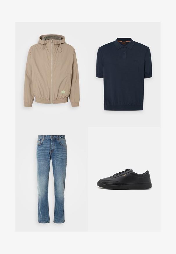 Lys beige hættejakke lavet af glat stof med frontlynlås, elastisk kant og grøn logoaccent på nederste højre side.; Marineblå polo t-shirt med kort ærmer, lavet af en bomuldsblanding. Har en to-knaps stolpe og broderet logo på brystet.; Lyseblå denimbukser med lige ben, fem lommer, kontrasterende syninger og en falmet finish. Har en knap- og lynlåsåbning.; Sorte lædersneakers med en glat overflade, rund tå, flad gummisål og tonede snørebånd. Udstyret med guld "BOSS" branding på siden.