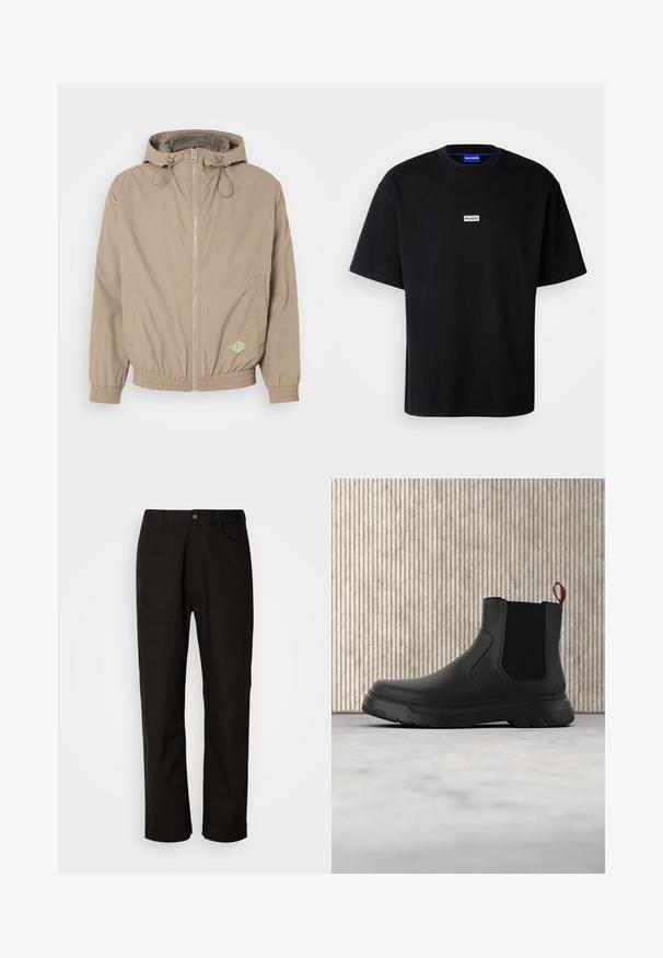 Chaqueta con capucha de color beige claro, fabricada en tejido suave, con cremallera frontal, dobladillo elástico y acento de logo verde en la parte inferior derecha.; Camiseta de algodón negra con cuello redondo, mangas cortas y un logo rectangular blanco "HUGO" en el pecho. Textura suave, corte relajado.; Pantalones de algodón negros con corte recto, presillas para el cinturón, cremallera frontal y un solo botón de cierre. Textura suave sin patrones visibles.; Botín negro con un acabado liso, paneles laterales elásticos y una lengüeta de tirón roja contrastante, que presenta una suela de goma gruesa y punta redondeada.