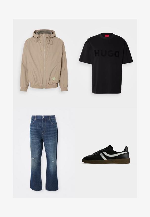 Lys beige hættejakke lavet af glat stof med frontlynlås, elastisk kant og grøn logoaccent på nederste højre side.; Sort bomulds t-shirt med korte ærmer, rund hals, med et stort, blankt sort "HUGO" logo på forsiden. Glat tekstur.; Blå denim flared jeans med let slid på begge knæ og en knaplukning i taljen, vist mod en hvid baggrund.; Sort lavtop sneakers med brun sål, hvide sidestriber, sorte snørebånd og "BOSS" tekst på siden, vist fra det ydre profil.