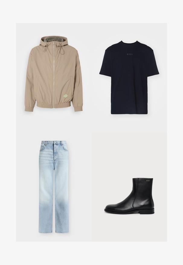 Lys beige hættejakke lavet af glat stof med frontlynlås, elastisk kant og grøn logoaccent på nederste højre side.; Marineblå bomulds t-shirt med korte ærmer og rund neckline, prydet med et gråt "BOSS" logo centreret på brystet.; Lyseblå, højtaljede jeans med rette ben, forlommer, bæltestropper og knaplukning.; Sort læderankelstøvle med lav hæl, sidesyning og lille "HUGO" logo på den øverste manchet mod en ensfarvet baggrund.