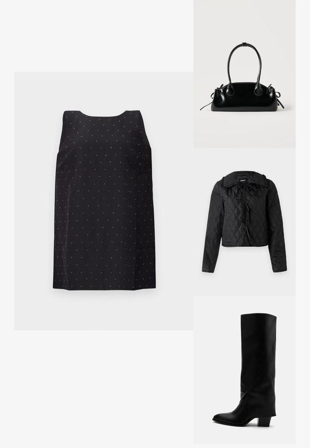 Veste matelassée noire avec manches longues, col volanté et trois fermetures à nouer à l'avant, suspendue sur un fond blanc.; Robe noire sans manches avec un col rond, ornée d'un motif dispersé de petits points argentés brillants sur le tissu.; Botte haute en cuir noir avec couture inclinée, bout pointu et talon épais de taille moyenne sur fond blanc.; Petit sac à main noir brillant avec deux longues anses et des détails à cordon sur les côtés sur un fond clair uni.