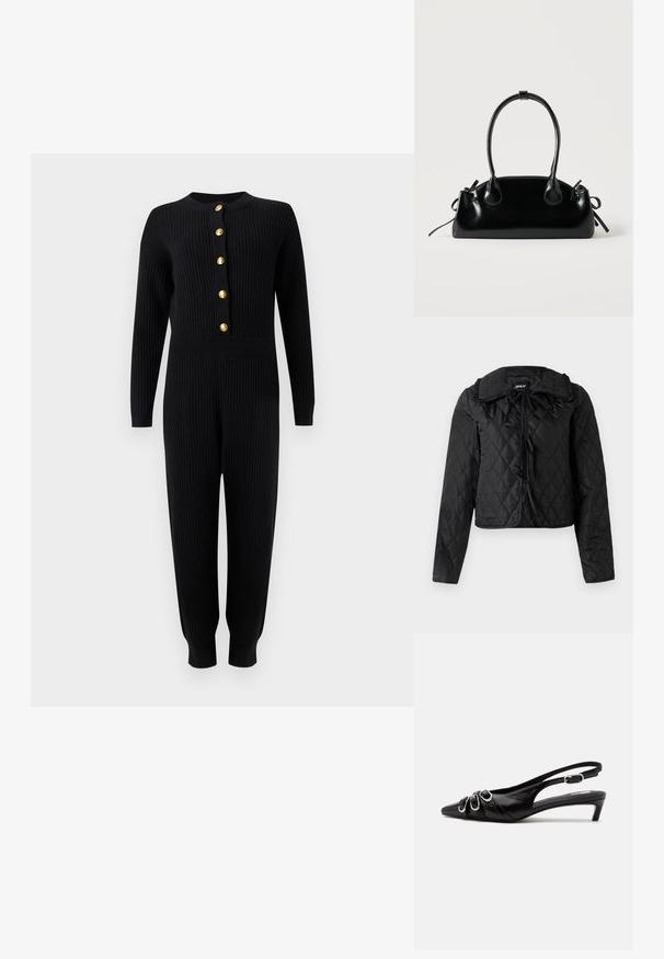 Veste matelassée noire avec manches longues, col volanté et trois fermetures à nouer à l'avant, suspendue sur un fond blanc.; Combinaison en maille côtelée noire à manches longues, boutons dorés sur le devant, taille ajustée et jambes fuselées se terminant par des revers.; Chaussure slingback en cuir noir avec bout pointu, trois boucles argentées à l'avant et petit talon kitten sur fond blanc.; Petit sac à main noir brillant avec deux longues anses et des détails à cordon sur les côtés sur un fond clair uni.