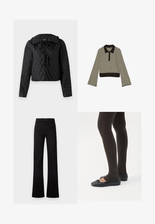 Chaqueta negra acolchada con mangas largas, cuello fruncido y tres cierres frontales con lazo, colgando sobre un fondo blanco.; Camisa polo de manga larga a rayas horizontales negras y beige con un cuello negro y una fila de botones, extendida sobre un fondo blanco.; Vaqueros negros de cintura alta y pierna recta con bolsillos delanteros, trabillas para cinturón, cierre de botón y bajos ligeramente acampanados sobre un fondo blanco.; Piernas con leggings oscuros acanalados combinados con bailarinas negras que presentan pequeños detalles de lazo sobre un fondo blanco.