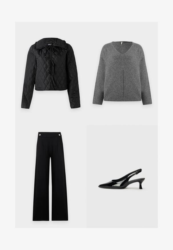 Veste matelassée noire avec manches longues, col volanté et trois fermetures à nouer à l'avant, suspendue sur un fond blanc.; Pull gris en V à manches longues, fabriqué dans un matériau doux. Présente des détails côtelés aux poignets et à l'ourlet, avec une coupe ample et décontractée.; Pantalon noir à jambes larges avec taille haute et deux boutons argentés sur la ceinture, présenté sur un fond clair uni.; Escarpins en cuir verni noir avec un bout pointu et un petit talon carré. Sangle réglable à la cheville avec boucle.