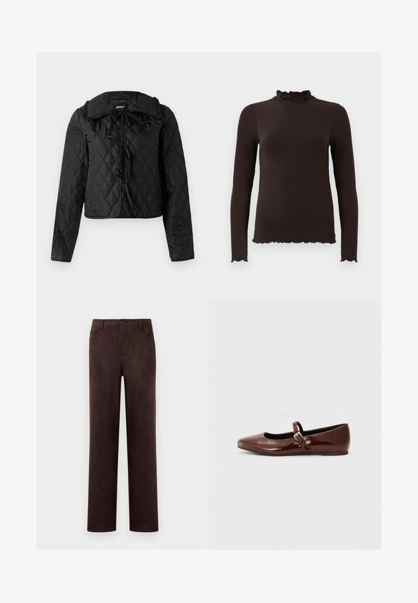 Veste matelassée noire avec manches longues, col volanté et trois fermetures à nouer à l'avant, suspendue sur un fond blanc.; Haut à manches longues côtelé marron foncé avec un col montant volanté et des bords froncés aux poignets et à l'ourlet.; Pantalons en suède marron foncé à jambes droites avec fermeture à bouton et zip à l'avant, passants de ceinture et poches latérales.; Ballerine en cuir verni marron avec un bout carré et une lanière ornée d'une petite boucle dorée. Texture lisse, talon bas et design minimaliste.