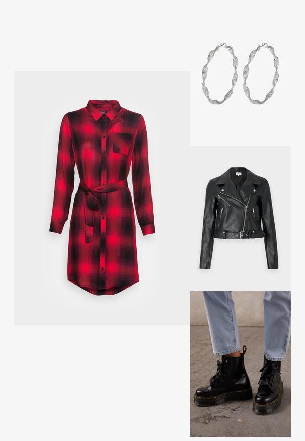 Zwarte leren cropped bikerjack met zilverkleurige ritsen, brede revers en een tailleband met ceintuur. Getextureerde afwerking met vier zakken met rits.; Rood en zwart geruite hemdjurk, met knopen aan de voorkant, lange mouwen, enkele borstzak, taille met riem, lichtgewicht stof, afgeronde zoom.; Persoon draagt lichtblauwe spijkerbroek en zwarte leren veterplatformlaarzen met gele stiksels op een betonnen vloer.; Zilveren ringoorbellen met een gedraaide ontwerp, met een gestructureerd oppervlak en een veilige sluiting. Lichtgewicht en reflecterend met een vloeiende afwerking.