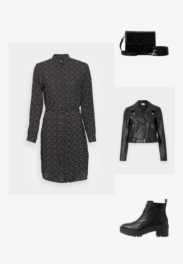 Chaqueta de cuero negro estilo biker recortada con cremalleras plateadas, solapas anchas y cintura con cinturón. Acabado texturizado con cuatro bolsillos con cremallera.; Vestido negro con un patrón de lunares en blanco, mangas largas, cierre de botones y cintura ajustada. Tejido suave con un cuello.; Bota negra de cuero hasta el tobillo con cierre de cremallera lateral, tacón grueso negro y suela texturizada para una mejor tracción. Acabado liso con acentos mínimos.; Bolso bandolera de faux cuero negro con textura de cocodrilo, herrajes dorados y una correa desmontable. Cuenta con un cierre de solapa y un compartimento interior.
