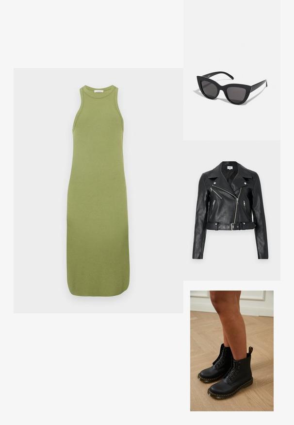 Zwarte leren cropped bikerjack met zilverkleurige ritsen, brede revers en een tailleband met ceintuur. Getextureerde afwerking met vier zakken met rits.; Mouwloze, knielange jurk gemaakt van gebreide stof in een effen olijfgroene kleur; heeft een ronde halslijn en een aansluitend silhouet.; Zwarte leren enkelboots met een ritssluiting en veters, gekenmerkt door gele stiksels en een dikke, gestructureerde zool.; Zwarte cat-eye zonnebril met een matte afwerking, voorzien van grijs getinte glazen, scherpe hoeken en slanke zijarmen. Merkennaam zichtbaar op de binnenarm.