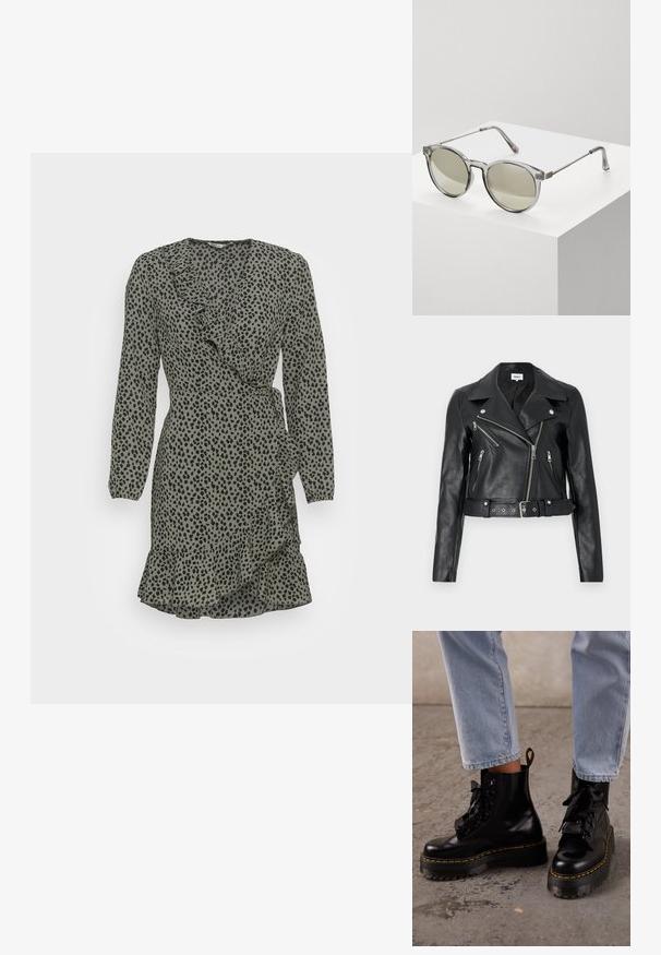 Schwarze, kurz geschnittene Bikerjacke aus Leder mit silbernen Reißverschlüssen, breiten Revers und tailliertem Gürtel. Strukturierte Oberfläche mit vier Reißverschlusstaschen.; ONLY ONLCARLY L/S SHORT NOOS WVN - Freizeitkleid - granite green; Person trägt hellblaue Jeans und schwarze Leder-Schnür-Plateaustiefel mit gelber Naht auf einem Betonboden.; Runde Sonnenbrillen mit transparenten grauen Fassungen und grau getönten Gläsern. Metallakzente an den Bügeln und gebogene Arme für Stabilität.