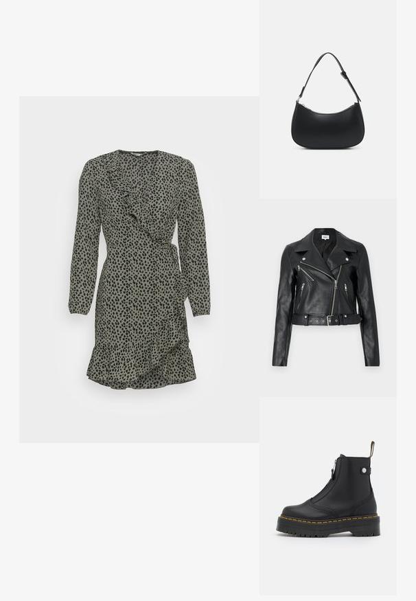 Zwarte leren cropped bikerjack met zilverkleurige ritsen, brede revers en een tailleband met ceintuur. Getextureerde afwerking met vier zakken met rits.; ONLY ONLCARLY L/S SHORT NOOS WVN - Jurk - granite green; Zwarte enkellaars van soepel leer, met een zijrits, gele stiknaden en een dikke, gegroefde rubberen zool.; Pieces PCALUANA SHOULDER BAG - Handtas - black