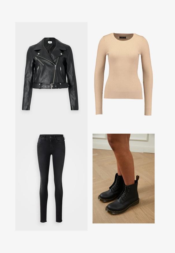 Zwarte leren cropped bikerjack met zilverkleurige ritsen, brede revers en een tailleband met ceintuur. Getextureerde afwerking met vier zakken met rits.; Geribbelde lange mouwen trui in lichtbeige, gemaakt van rekbaar materiaal. Kenmerkt zich door een ronde halslijn en een getailleerde pasvorm met gebande mouwen.; Zwarte slim-fit jeans met een gladde structuur, vijfzakkenontwerp, sluiting met een knop aan de voorkant en een hoge taille. Geen zichtbare patronen of versieringen.; Zwarte leren enkelboots met een ritssluiting en veters, gekenmerkt door gele stiksels en een dikke, gestructureerde zool.