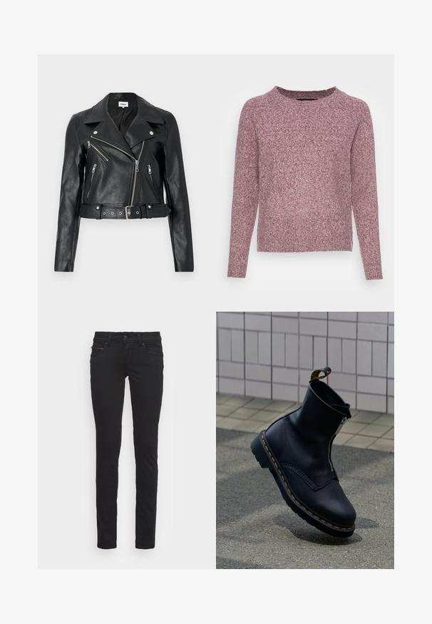 Zwarte leren cropped bikerjack met zilverkleurige ritsen, brede revers en een tailleband met ceintuur. Getextureerde afwerking met vier zakken met rits.; Mauvekleurige trui met lange mouwen en ronde hals, van zachte, gestructureerde brei, plat neergelegd op een witte achtergrond. Geen zichtbare logo’s of ontwerpen.; Zwarte slim-fit jeans van katoen met voorzakken en een ritssluiting. Gladde textuur en standaard vijfzakken ontwerp.; Zwarte leren enkellaars met een ritssluiting aan de zijkant, een gestructureerd oppervlak, geel stikselaccent en een rubberen zool.