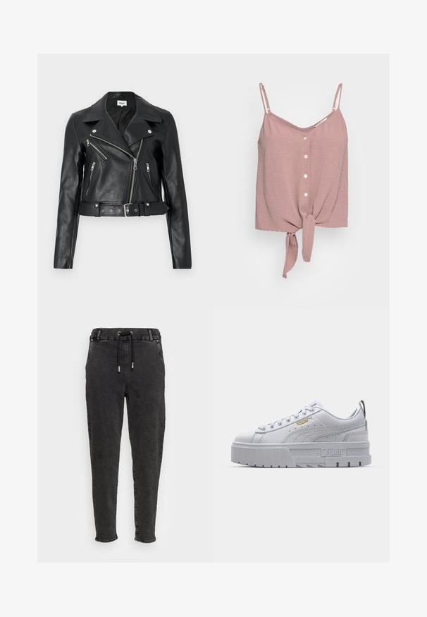 Zwarte leren cropped bikerjack met zilverkleurige ritsen, brede revers en een tailleband met ceintuur. Getextureerde afwerking met vier zakken met rits.; Stofzuiger rozenkleurige mouwloze top met een V-hals, knoopsluiting aan de voorkant en een geknoopte onderkant. Gemaakt van textuurstof met verstelbare spaghettibandjes.; Zwarte denim joggers met een elastische tailleband, trekkoord sluiting, taps toelopende pijpen en een subtiele vervaagde textuur op de stof.; Witte platform sneakers met een leren bovenwerk, gevoerde kraag, grijze rubberen zool en gouden accenten met het Puma-logo.