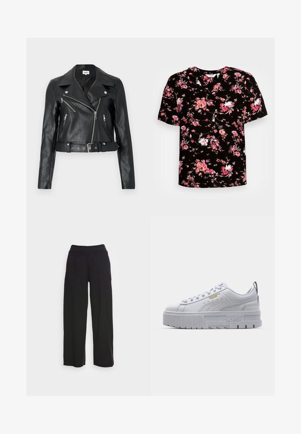 Zwarte leren cropped bikerjack met zilverkleurige ritsen, brede revers en een tailleband met ceintuur. Getextureerde afwerking met vier zakken met rits.; Zwarte blouse met korte mouwen en een bloemenprint in roze en wit. Heeft een V-halslijn en zachte, geweven stof.; Zwarte wijde broek van zacht materiaal, met een hoge elastische tailleband en subtiele plooien aan de voorkant; geen zichtbare hardware of patronen.; Witte platform sneakers met een leren bovenwerk, gevoerde kraag, grijze rubberen zool en gouden accenten met het Puma-logo.