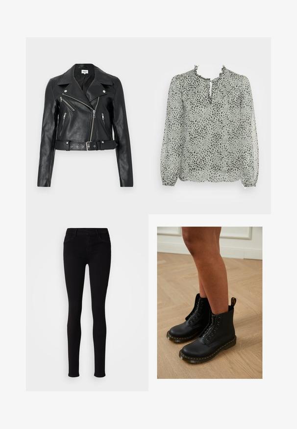 Schwarze, kurz geschnittene Bikerjacke aus Leder mit silbernen Reißverschlüssen, breiten Revers und tailliertem Gürtel. Strukturierte Oberfläche mit vier Reißverschlusstaschen.; ONLY ONLDITSY BLOUSE - Bluse - seagrass aop/dot leo; Schwarze, schlanke Hose im Slim-Fit-Stil mit Knopfverschluss, Gürtelschlaufen und Fronttaschen, auf einem schlichten, hellen Hintergrund präsentiert.; Schwarze Leder-Stiefeletten mit Reißverschluss und Schnürdesign, ausgestattet mit gelben Nähten und einer dicken, strukturierten Sohle.