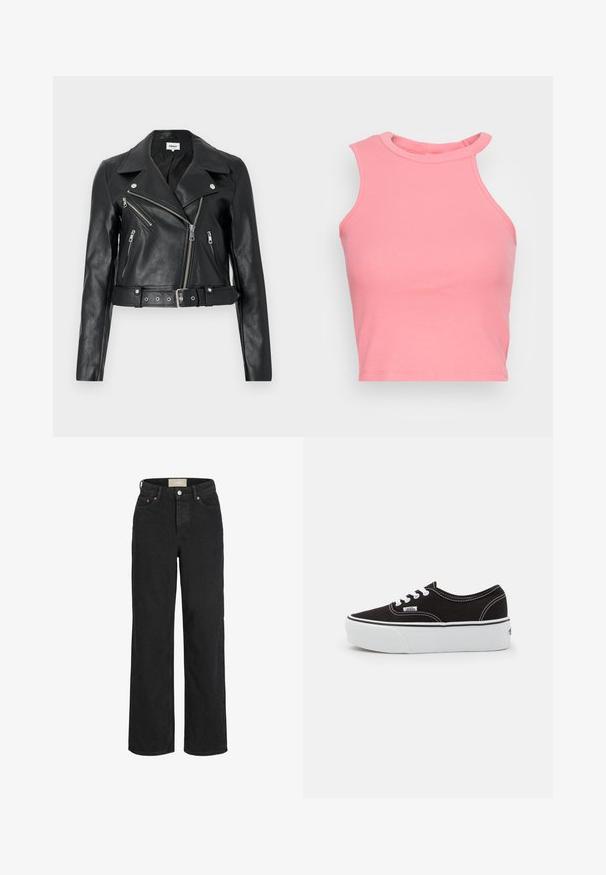 Sort læder bikerjakke cropped med sølv lynlåse, brede revers og bælte i taljen. Tekstureret finish med fire lynlåslommer.; Lyserød ribbet ærmeløs crop top med høj hals; har en tætsiddende form og rene kanter. Blød tekstur, minimale synlige sømme.; Sorte jeans med høj talje og lige ben, med frontknap og lynlås, bæltestropper og fem-lomme design.; Sort lærred sneakers med en hvid gummi platform sål, der har hvide snørebånd og syninger, ikonisk branding på siden, lav-top design.
