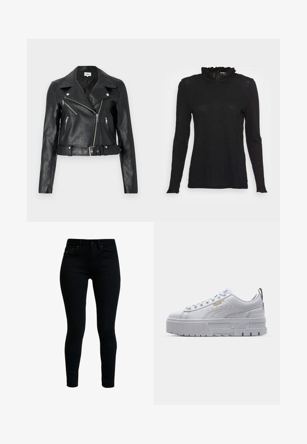 Schwarze, kurz geschnittene Bikerjacke aus Leder mit silbernen Reißverschlüssen, breiten Revers und tailliertem Gürtel. Strukturierte Oberfläche mit vier Reißverschlusstaschen.; Schwarzes Langarmshirt mit hohem Rüschenausschnitt und leicht ausgestellt Bündchen, aus einem weichen, strukturierten Stoff mit einer figurbetonten Passform.; Schwarze Denim-Skinny-Jeans mit glatter Textur, fünf Taschen und Metallbeschlägen. Verfügt über eine klassische Taille und ein tailliertes Bein-Design.; Weiße Plattform-Sneaker mit einem glatten Lederoberteil, gepolstertem Kragen, grauer Gummisohle und goldenen Akzenten mit dem Puma-Logo.