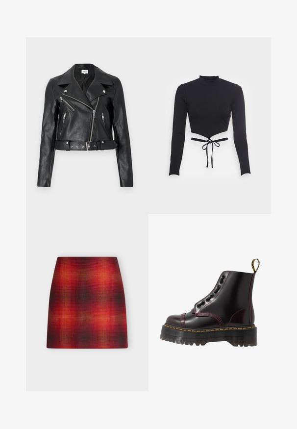 Schwarze, kurz geschnittene Bikerjacke aus Leder mit silbernen Reißverschlüssen, breiten Revers und tailliertem Gürtel. Strukturierte Oberfläche mit vier Reißverschlusstaschen.; Even&Odd by Zalando Langarmshirt - black; Rot-schwarzer kariert verlaufender A-Linien-Rock mit dezenten orangefarbenen Highlights und einem geraden Taillenbund auf weißem Hintergrund.; Dr. Martens SINCLAIR - Plateaustiefelette - cherry red arcadia