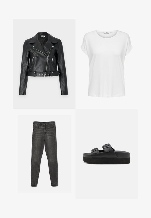Chaqueta de cuero negro estilo biker recortada con cremalleras plateadas, solapas anchas y cintura con cinturón. Acabado texturizado con cuatro bolsillos con cremallera.; Camiseta blanca de manga corta hecha de algodón suave. Presenta un cuello redondo y puños enrollados. Diseño simple sin patrones ni acentos.; Vaqueros ajustados de color gris oscuro con cierre de botón y cremallera, bolsillos delanteros y traseros, mostrados extendidos sobre un fondo blanco.; Sandalias de plataforma negras hechas de material suave, con dos correas ajustables con hebillas y una suela texturizada para mayor agarre.
