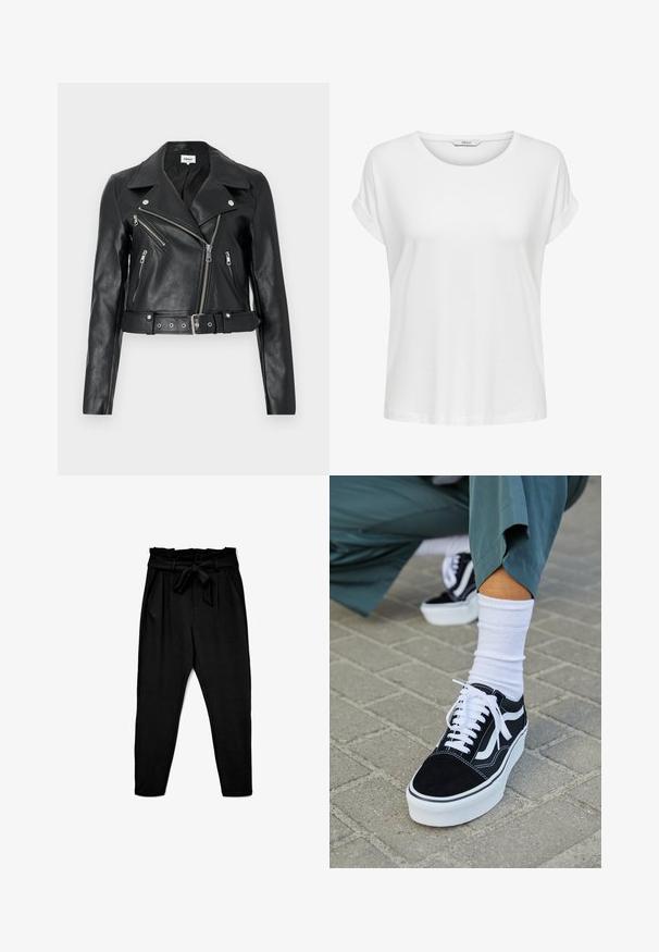 Chaqueta de cuero negro estilo biker recortada con cremalleras plateadas, solapas anchas y cintura con cinturón. Acabado texturizado con cuatro bolsillos con cremallera.; Camiseta blanca de manga corta hecha de algodón suave. Presenta un cuello redondo y puños enrollados. Diseño simple sin patrones ni acentos.; Pantalones negros de cintura alta con cinturón atado, con una textura suave y lisa y dos bolsillos laterales; diseño de pierna ajustada.; Zapatillas de ante negro con acentos y cordones blancos, que cuentan con una gruesa suela blanca y costuras en contraste, combinadas con un calcetín blanco.