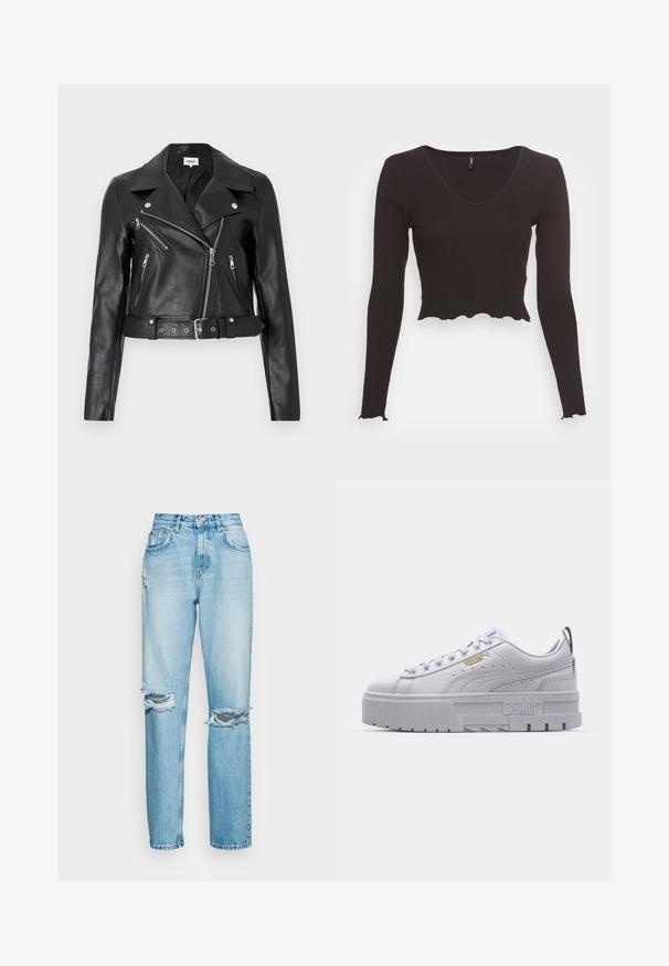 Sort læder bikerjakke cropped med sølv lynlåse, brede revers og bælte i taljen. Tekstureret finish med fire lynlåslommer.; Sort cropped langærmet top lavet af ribbet stof, med en V-udskæring og en bølget kant langs bunden og ærmerne.; ONLY ONLROBYN DESTROY - Jeans Relaxed Fit - light blue dnm; Hvide platform sneakers med en glat læderoverdel, polstret krave, grå gummisål og gyldne detaljer med Puma-logoet.