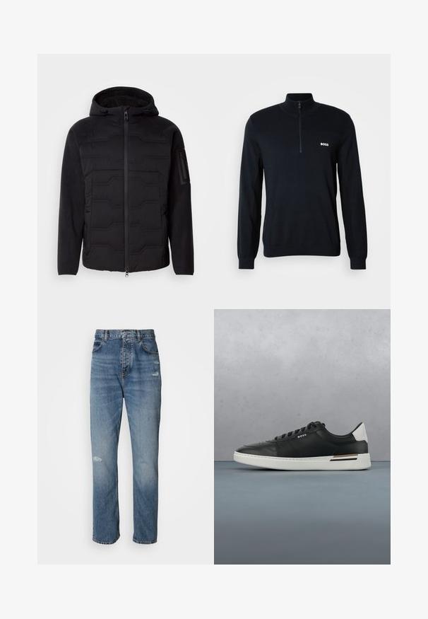 Schwarze Kapuzenjacke mit gesteppter Vorderseite, Fleece-Ärmeln und -Futter, Front-Reißverschluss und Reißverschlusstasche am linken Ärmel.; Marineblauer Pullover mit hohem Kragen und halbem Reißverschluss. Das Material ist weich und hat eine strukturierte Oberfläche. Auf der Brust befindet sich ein kleines weißes "BOSS"-Logo.; Hellblaue Denim-Jeans im Straight-Leg-Design, mit einem Knopf- und Reißverschluss, fünf Taschen und leicht abgetragenen Details im Kniebereich.; Schwarze Ledersneaker mit weißer Sohle, ausgestattet mit Perforationen, Schnürdesign, Logo an der Seite und kontrastierenden Fersendetails in Weiß und Braun.