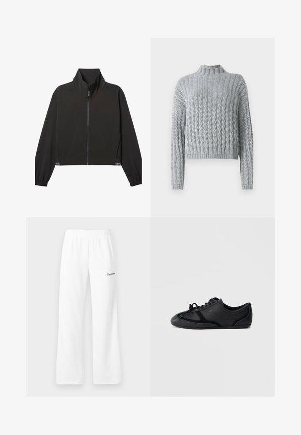 Čierna bunda na zips s dlhými rukávmi a vysokým golierom, elastickými manžetami a jemným bielym logom Calvin Klein blízko lemu na oboch stranách.; Svetre z hrubej svetlej šedej priadze s rebrovaným vzorom, polo-vystrihom, dlhými rukávmi a mierne skráteným strihom.; Biele tepláky s elastickým pásom a logom Calvin Klein na ľavej hornej stehne, zobrazené na neutrálnom pozadí.; Čierne nízkoprofilové tenisky na šnurovanie s hladkým a lesklým povrchom, minimálnym šitím a plochou podrážkou na jednofarebnom pozadí.