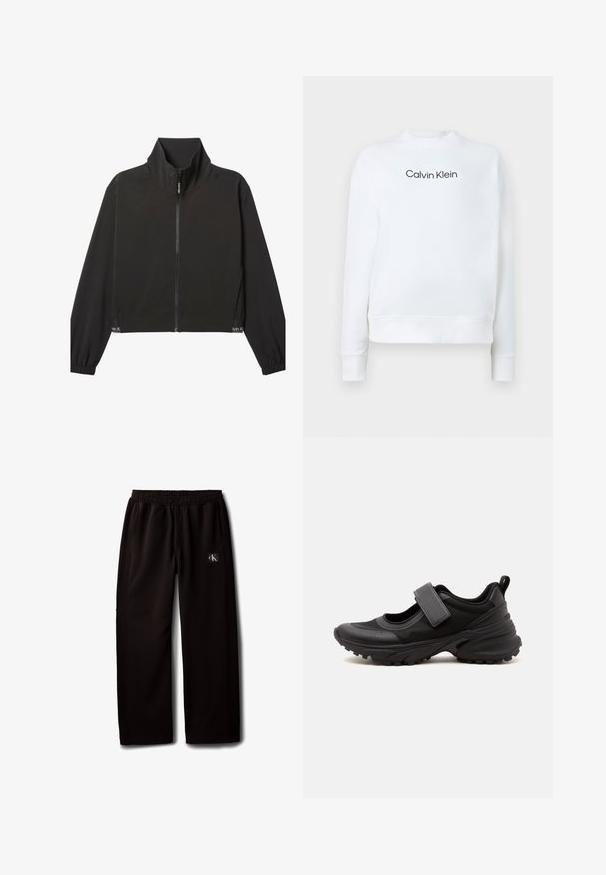 Čierna bunda na zips s dlhými rukávmi a vysokým golierom, elastickými manžetami a jemným bielym logom Calvin Klein blízko lemu na oboch stranách.; Biely sveter vyrobený z mäkkej tkaniny, s okrúhlym výstrihom a dlhými rukávmi. Na prednej strane je zobrazené logo "Calvin Klein" v čiernej farbe.; Čierne široké nohavice s elastickým pásom a bočnými vreckami, s malou nášivkou s logom Calvin Klein na pravom stehne.; Čierna športová topánka v štýle Mary Jane s hrubou podrážkou s dezénom, nastaviteľným remienkom cez vrch a ťahacou slučkou na päte.