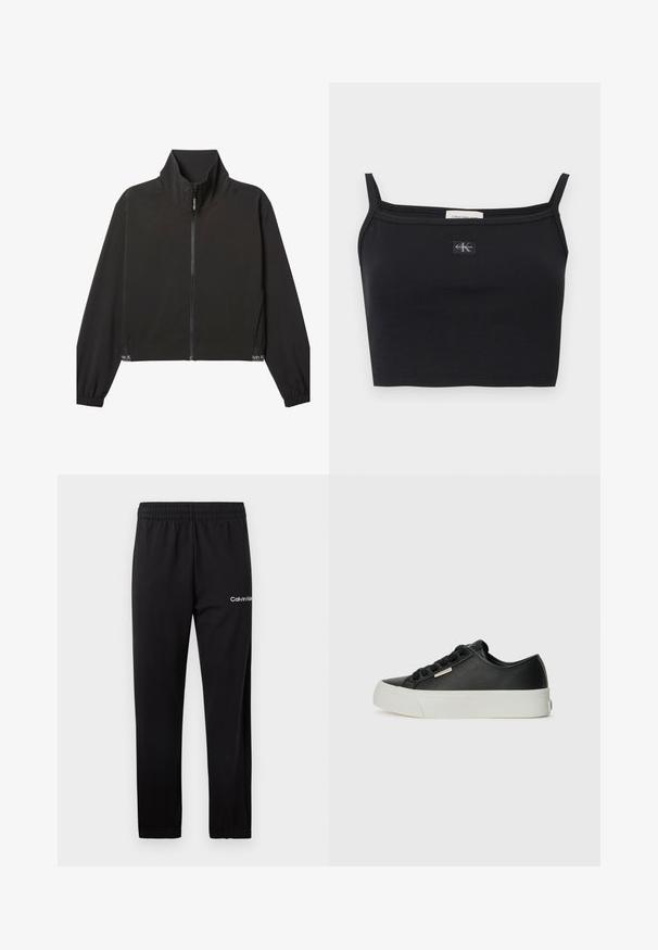 Čierna bunda na zips s dlhými rukávmi a vysokým golierom, elastickými manžetami a jemným bielym logom Calvin Klein blízko lemu na oboch stranách.; Čierny pruhovaný krátky top s tenkými ramienkami a malou nášivkou s logom Calvin Klein v strede na hrudi.; Čierne teplákové nohavice Calvin Klein s elastickým pásom a bielym logom na hornej ľavej stehne, zobrazené na bielom pozadí.; Čierne kožené tenisky s hladkou textúrou, bielou gumovou podrážkou, okrúhlou špičkou a šiestimi čiernymi dierkami na šnúrky. Obsahujú malý kovový detail s logom.