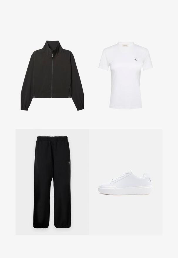 Čierna bunda na zips s dlhými rukávmi a vysokým golierom, elastickými manžetami a jemným bielym logom Calvin Klein blízko lemu na oboch stranách.; Biele tričko s krátkym rukávom a okrúhlym výstrihom s malým čiernym logom "cK" na ľavej strane hrude a označením Calvin Klein Jeans vo vnútri goliera.; Čierne tepláky s elastickým pásom, voľným strihom nohavíc a malou logom detailom na ľavej strane. Hladká textúra látky.; Biely nízky topánok s viazaním na šnúrky, hrubou podrážkou a hladkým zvrškom, zobrazený z vonkajšej strany na jednoduchom svetlom pozadí.