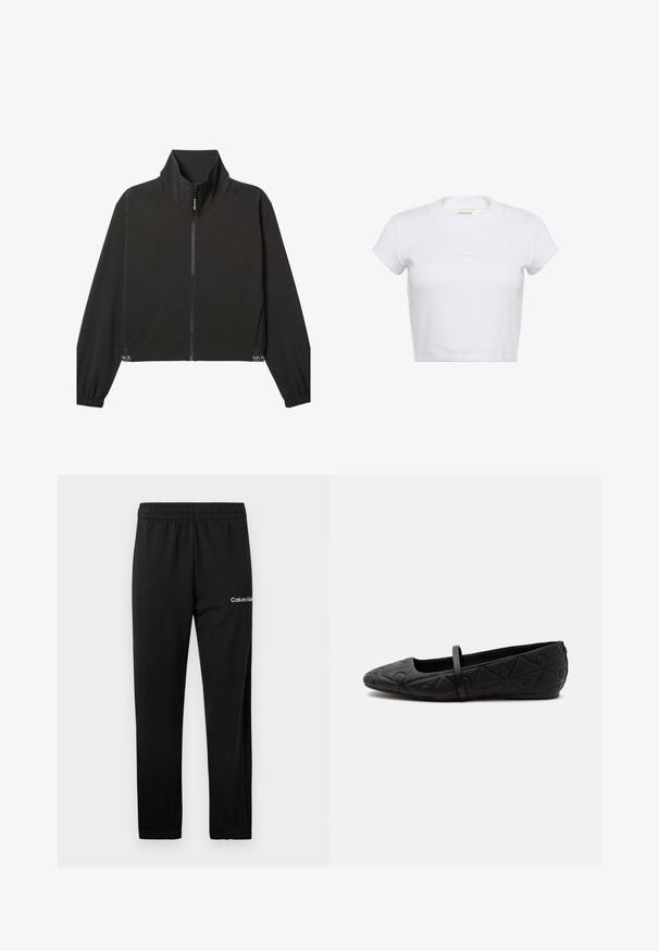 Čierna bunda na zips s dlhými rukávmi a vysokým golierom, elastickými manžetami a jemným bielym logom Calvin Klein blízko lemu na oboch stranách.; Biele krátke tričko s textúrou rebrovania. Má okrúhly výstrih a nenápadné svetlé logo "Calvin Klein" na prednej strane.; Čierne teplákové nohavice Calvin Klein s elastickým pásom a bielym logom na hornej ľavej stehne, zobrazené na bielom pozadí.; Čierna plochá obuv s zaoblenou špičkou, reliéfnym geometrickým vzorom a jedným tenkým remienkom cez hornú časť, zobrazená z bočného profilu.