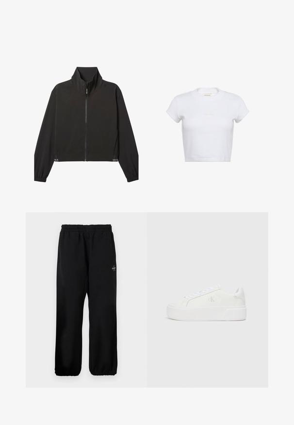 Čierna bunda na zips s dlhými rukávmi a vysokým golierom, elastickými manžetami a jemným bielym logom Calvin Klein blízko lemu na oboch stranách.; Biele krátke tričko s textúrou rebrovania. Má okrúhly výstrih a nenápadné svetlé logo "Calvin Klein" na prednej strane.; Čierne tepláky s elastickým pásom, voľným strihom nohavíc a malou logom detailom na ľavej strane. Hladká textúra látky.; Biele platformové tenisky s hladkým koženým zvrškom, zaoblenou špičkou, bielymi šnúrkami a jemným detailom loga na boku. Plochá gumová podrážka.