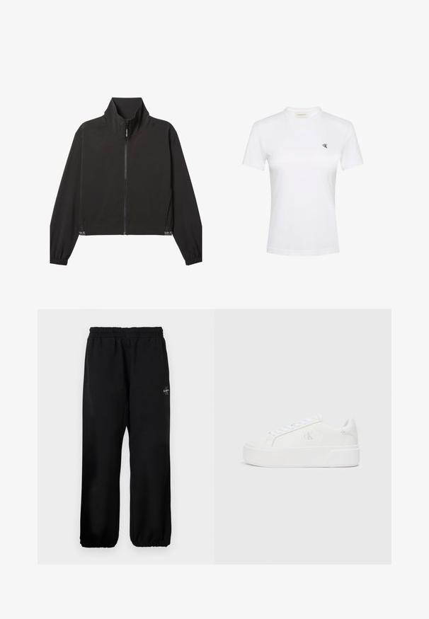 Čierna bunda na zips s dlhými rukávmi a vysokým golierom, elastickými manžetami a jemným bielym logom Calvin Klein blízko lemu na oboch stranách.; Biele krátke tričko s krátkym rukávom z mäkkej látky s okrúhlym výstrihom. Na ľavej strane hrudníka má malý čierny logo "ck". Klasický strih.; Čierne tepláky s elastickým pásom, voľným strihom nohavíc a malou logom detailom na ľavej strane. Hladká textúra látky.; Biele platformové tenisky s hladkým koženým zvrškom, zaoblenou špičkou, bielymi šnúrkami a jemným detailom loga na boku. Plochá gumová podrážka.
