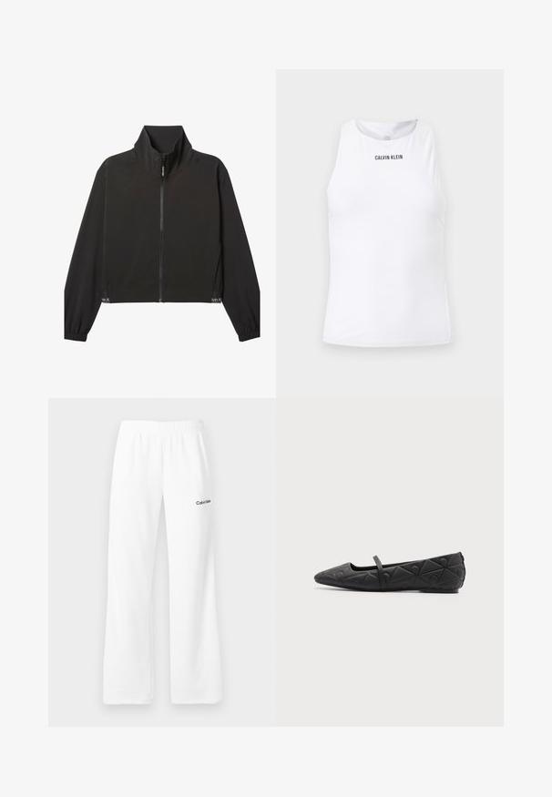 Čierna bunda na zips s dlhými rukávmi a vysokým golierom, elastickými manžetami a jemným bielym logom Calvin Klein blízko lemu na oboch stranách.; Biele dámske športové tielko Calvin Klein bez rukávov s vysokým výstrihom a jemne textúrovanou tkaninou.; Biele tepláky s elastickým pásom a logom Calvin Klein na ľavej hornej stehne, zobrazené na neutrálnom pozadí.; Čierna rovnobežková topánka s špicatou špičkou, prešívanými geometrickými vzormi a tenkým pásikom cez priehlavok na jednoduchom pozadí.
