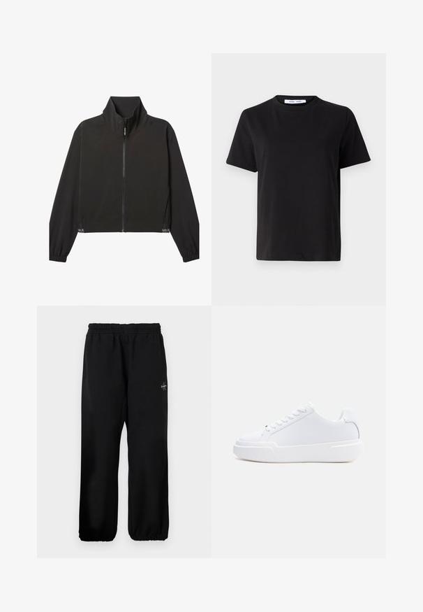 Zwarte lange mouwen jas met rits, hoge kraag, elastische manchetten en een subtiel wit Calvin Klein-logo nabij de zoom aan beide zijden.; Zwart T-shirt met korte mouwen, gemaakt van zachte katoen, met een ronde hals, een ontspannen pasvorm en een gladde textuur. Geen zichtbare patronen of opdrukken.; Zwarte sweatpants met een elastische tailleband, losse pijpen en een klein logodetail aan de linkerzijde. Gladde stoftextuur.; Witte lage sneaker met vetersluiting, dikke zool en glad bovenwerk, gezien vanaf de buitenkant tegen een effen lichte achtergrond.