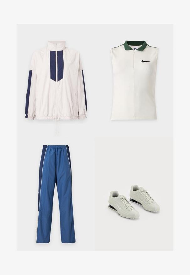 Letvægts Nike vindjakke i hvid og navy, med høj krave, lynlås lukning, elastiske manchetter og to sidelommer.; Ærmeløs hvid Nike-top med ribbet tekstur, mørkegrøn krave, halv lynlås og sort Nike-logo på brystet.; Blå træningsbukser med en let og glat tekstur. Elastisk talje, kontrastfuld mørkeblå sidepanel og hvide accentstriber.; Hvide Nike sneakers med en tekstureret overdel, der har en glat tæer og sorte polstringselementer. Snørebåndsstil med forstærket hæl.