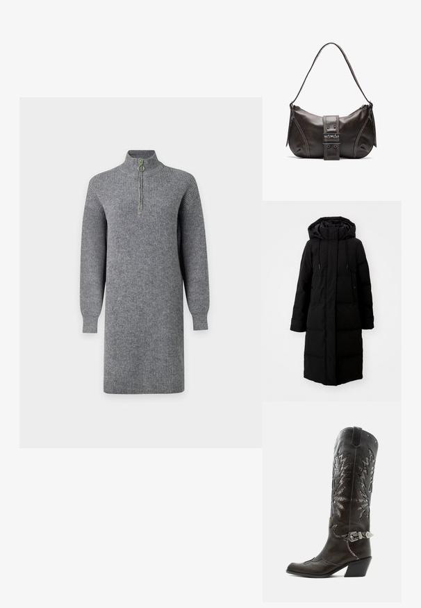 Manteau noir rembourré au design long, fermeture éclair intégrale et capuche. Il dispose de cordons de serrage réglables et de deux poches avant. Texture lisse.; Robe en maille côtelée grise à manches longues, longueur genou, avec demi-fermeture éclair devant sur un col montant, présentée sur un fond uni.; Botte de cowboy en cuir noir avec découpes décoratives, boucle argentée et talon incliné, présentée sur fond blanc.; Sac à épaule en cuir marron avec une forme courbée, présentant un détail de boucle proéminent, des coutures contrastantes et une seule bandoulière.