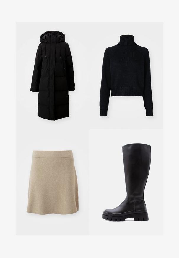Manteau noir rembourré au design long, fermeture éclair intégrale et capuche. Il dispose de cordons de serrage réglables et de deux poches avant. Texture lisse.; Pull en laine à col roulé sombre avec un design court, doté de poignets et d'un ourlet côtelés, et d'un tissage texturé sur l'ensemble.; Jupe beige en tissu doux, design en A, avec une texture subtile et un ourlet droit. Couleur unie sans motifs ni accents visibles.; Botte en cuir noire montant jusqu'au genou avec semelle épaisse à crampons et bout arrondi, vue de profil gauche sur un fond clair uni.