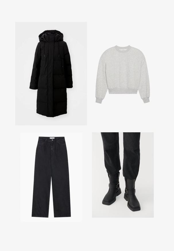 Manteau noir rembourré au design long, fermeture éclair intégrale et capuche. Il dispose de cordons de serrage réglables et de deux poches avant. Texture lisse.; Sweatshirt gris court, col rond, épaules tombantes, manches longues avec poignets côtelés, fabriqué en tissu doux en mélange de coton, texture minimaliste.; Jeans en denim noirs taille haute à jambes larges avec fermeture à bouton et zip à l'avant, passants de ceinture et style à cinq poches.; Bottes noires en cuir jusqu'à la cheville avec un bout carré, dotées d'une large sangle et d'un détail de boucle en métal. Les bottes ont une semelle épaisse et une texture lisse.