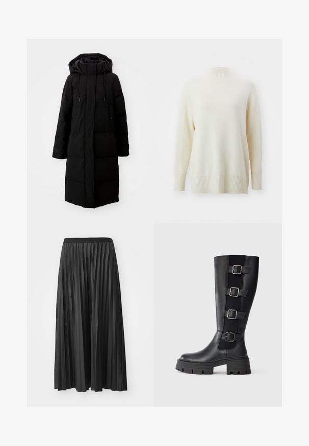 Sort polstret frakke med lang design, fuld lynlås og hætte. Har justerbare snoretræk og to forlommer. Glat tekstur.; Cremefarvet turtleneck sweater med ribbede krave og manchetter. Blød tekstur, løs pasform og slidser i sømmen. Lavet af et let stof.; Sort plisseret maxiskørt med en glat tekstur og elastisk talje, der har lodrette folder som skaber volumen og bevægelse.; Sorte knæhøje støvler lavet af læder med tre justerbare spænder på siden, kraftig gummisål med riller for bedre greb.