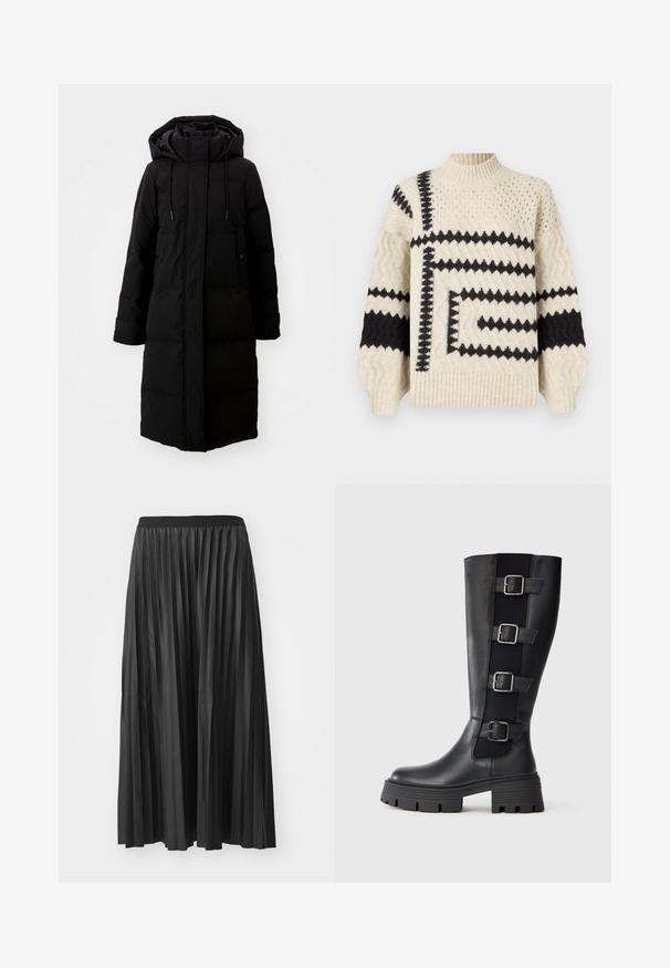 Manteau noir rembourré au design long, fermeture éclair intégrale et capuche. Il dispose de cordons de serrage réglables et de deux poches avant. Texture lisse.; Pull crème et noir à motifs avec un col haut, présentant des designs géométriques, des rayures texturées et des bords côtelés aux manches et à l'ourlet.; Jupe maxi plissée noire avec une texture lisse et une taille élastique, dotée de plis verticaux qui créent du volume et du mouvement.; Bottes noires en cuir, hauteur genou, avec trois sangles ajustables à boucles sur le côté, semelle en caoutchouc épaisse avec des rainures pour la traction.